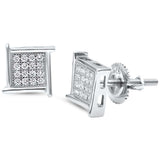 7mm Square Men Stud Earrings Round Pave Cubic Zirconia 925 Sterling Silver