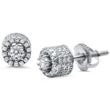 6mm Round Halo Design Stud Earrings Pave Round CZ 925 Sterling Silver Unisex Men Women Screwback - Blue Apple Jewelry