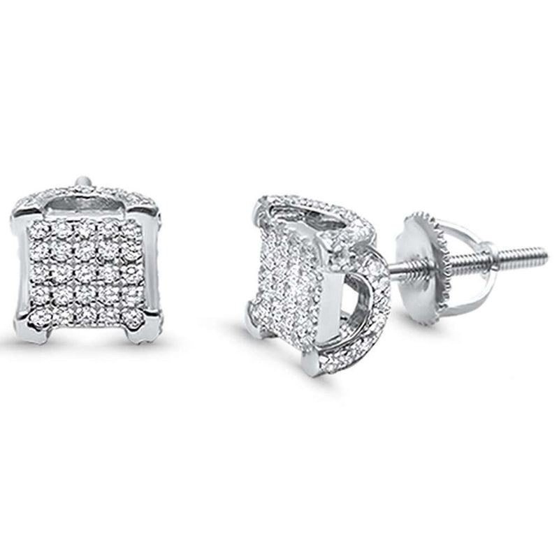 8mm Square Hip Hop Men Women Unisex Stud Earrings Screw-Back Round Pave Iced Out CZ 925 Sterling Silver - Blue Apple Jewelry