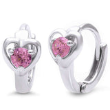 Huggie Earrings Heart Round Pink Cubic Zirconia 925 Sterling Silver (10mm)