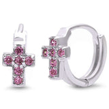 11mm Small Hoop Huggie Earrings Round Pink Cubic Zirconia Cross Huggie Earring 925 Sterling Silver