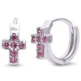11mm Cross Hoop Huggie Earrings Round Pink Cubic Zirconia 925 Sterling Silver