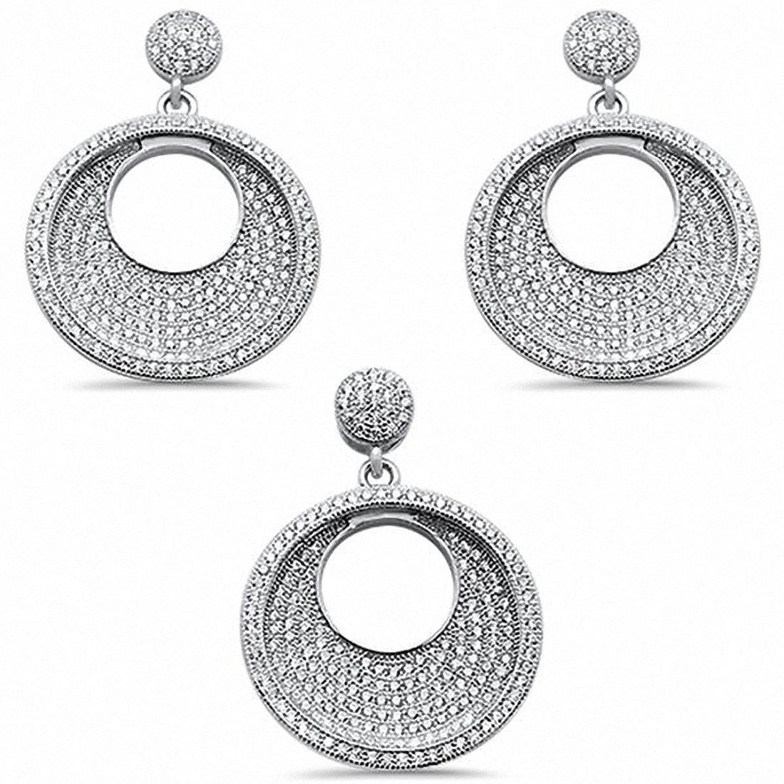 Jewelry Set Pendant Earrings Round Pave Cubic Zirconia 925 Sterling Silver