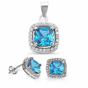Halo Jewelry Set Cushion Simulated Round Cubic Zirconia 925 Sterling Silver