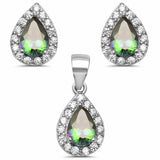 Halo Bridal Jewelry Set Teardrop Simulated  Rainbow Topaz & Round Cubic Zirconia 925 Sterling Silver