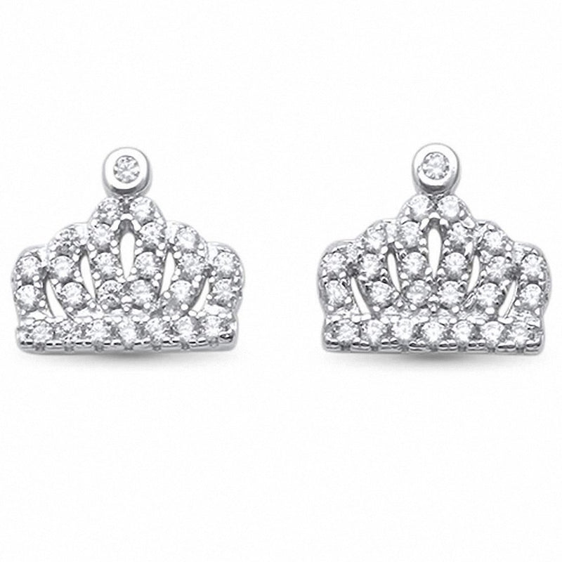 Crown Stud Earrings Round Pave Cubic Zirconia 925 Sterling Silver Crown Earrings Choose Color