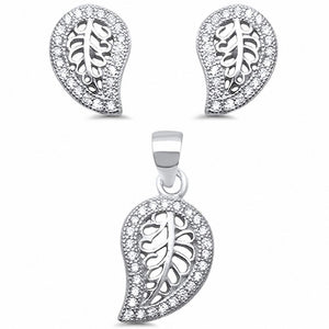 Filigree Leaf Jewelry Set Round Cubic Zirconia 925 Sterling Silver