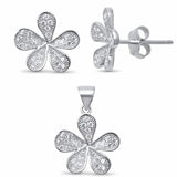 Flower Jewelry Set Pendant Earring Round Cubic Zirconia 925 Sterling Silver
