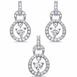 Dangling Heart Jewelry Set Heart Round Cubic Zirconia 925 Sterling Silver Pendant Earring