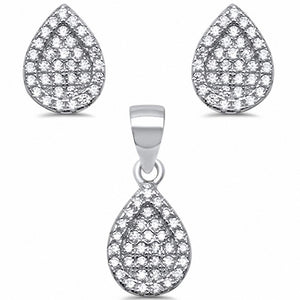 Teardrop Pear Shape Jewelry Set Round Pave Simulated CZ 925 Sterling Silver Pendant Earring