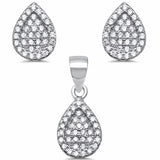 Teardrop Pear Shape Jewelry Set Round Pave Simulated CZ 925 Sterling Silver Pendant Earring