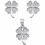 4 Clover Leaf Plumeria Jewelry Set Round Pave Cubic Zirconia 925 Sterling Silver