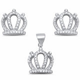 Crown Jewelry Set Pendant Earring Round Pave Cubic Zirconia 925 Sterling Silver Choose Color