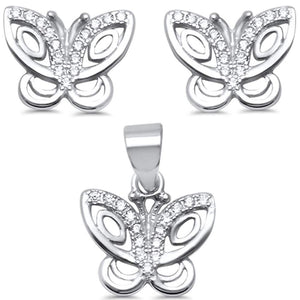 Butterfly Jewelry Set Round Cubic Zirconia 925 Sterling Silver Pendant Earring (12 mm)