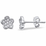 Flower Stud Earrings Round Pave Cubic Zirconia 925 Sterling Silver Choose Color