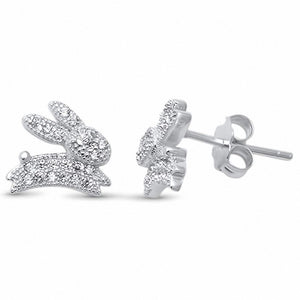 Rabbit Stud Earrings Round Pave Cubic Zirconia 925 Sterling Silver Bunny Rabbit Choose Color
