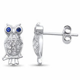 Blue Eye Owl Stud Earrings Round Simulated Blue Sapphire Cubic Zirconia 925 Sterling Silver Choose Color