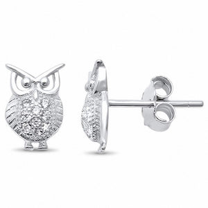 Owl Stud Earrings Round Pave Cubic Zirconia 925 Sterling Silver Lucky Owl Choose Color