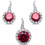 Halo Jewelry Set Pendant Earring Round Simulated Ruby CZ 925 Sterling Silver