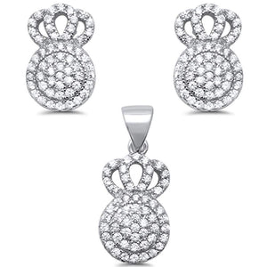 Crown Jewelry Set Pendant Earring Round Pave Cubic Zirconia 925 Sterling Silver Choose Color