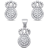 Crown Jewelry Set Pendant Earring Round Pave Cubic Zirconia 925 Sterling Silver Choose Color