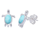 Turtle Stud Earrings Created Blue Opal 925 Sterling Silver