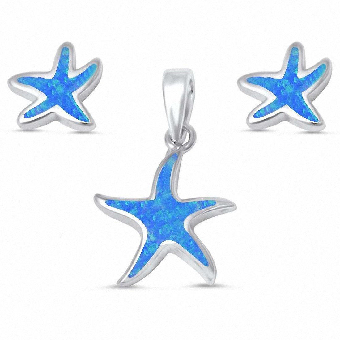 thumbnail image 2 of Starfish Jewelry Set Created Opal 925 Sterling Silver Choose Color Nautical Starfish - Lab Blue Opal 2 of 14