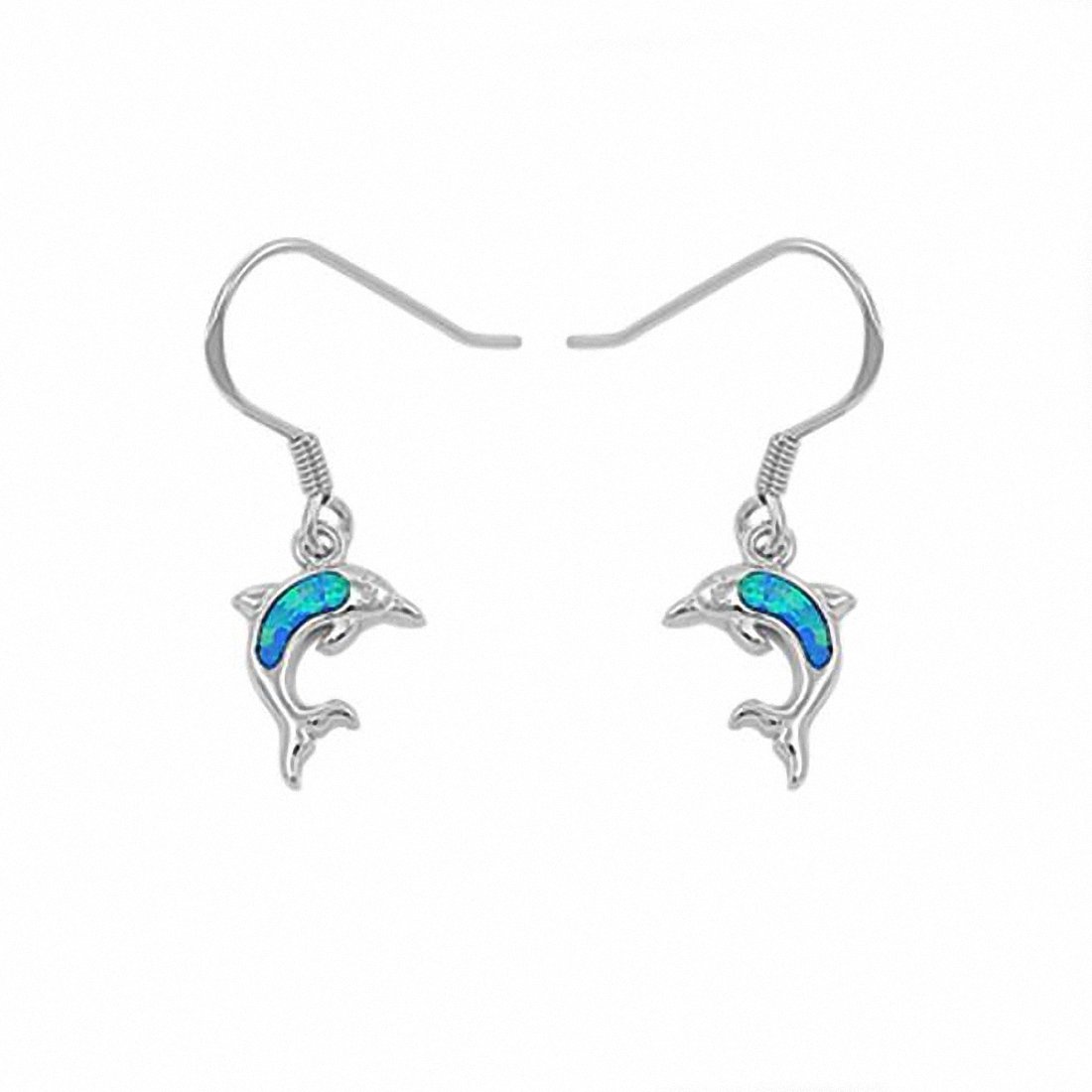 dolphin with fish hook Dangling Dolphin Fish Hook Earrings Lab Created Opal 925 Sterling Silver