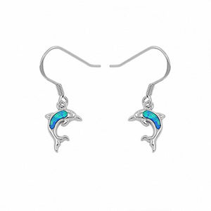 Dangling Dolphin Fish Hook Earrings Lab Created Opal 925 Sterling Silver