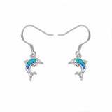 Dangling Dolphin Fish Hook Earrings Lab Created Opal 925 Sterling Silver