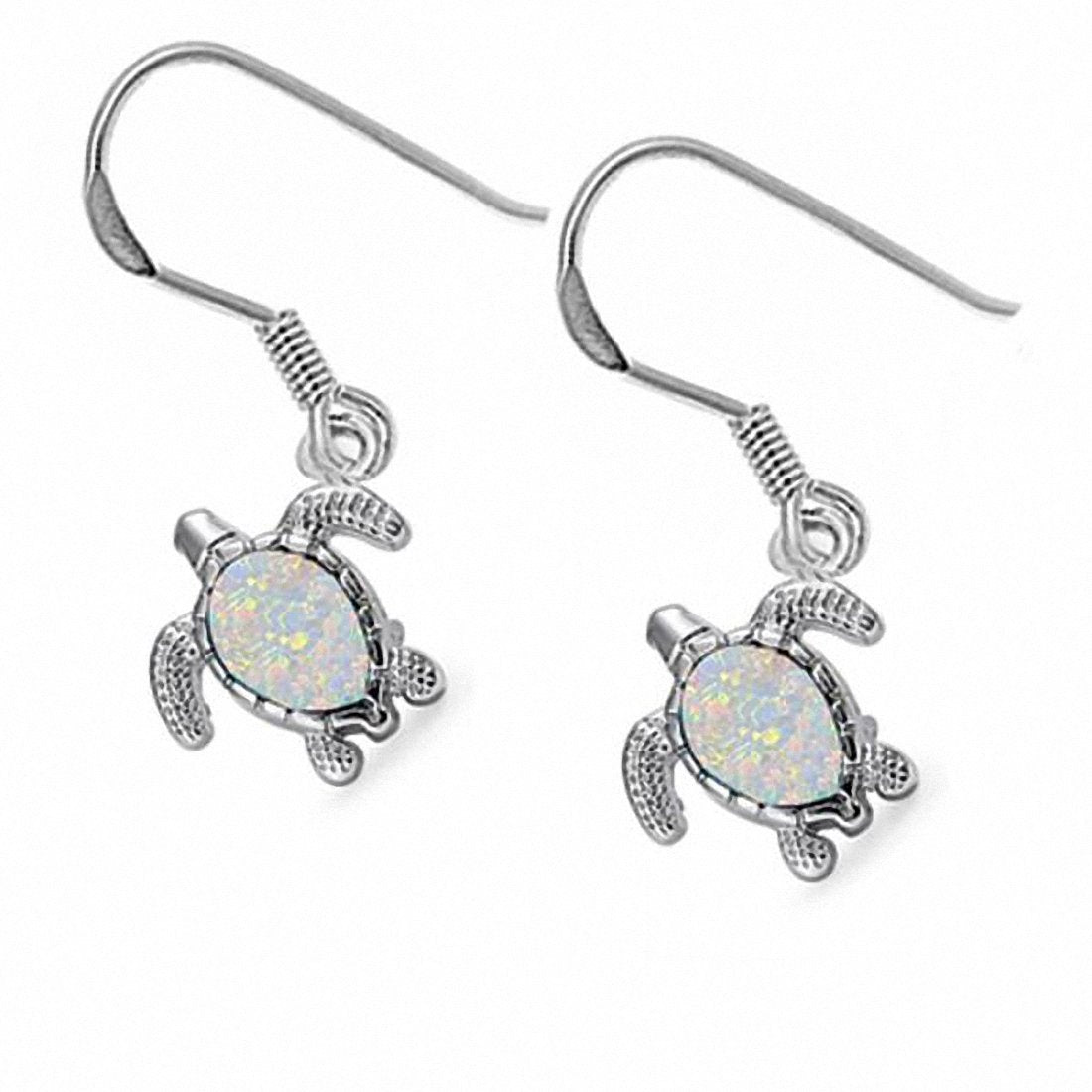Dangling Fish Hook Turtle Earrings Created Opal 925 Sterling Silver