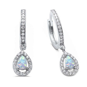 25mm Halo Teardrop Bridal Earrings Leverback Pear Created Opal Round CZ 925 Sterling Silver Choose Color - Blue Apple Jewelry
