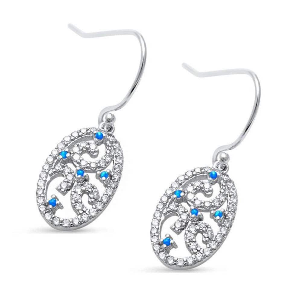 29mm Dangle Drop Earrings Oval Shape Round Created Blue Opal CZ Earrings 925 Sterling Silver Fish Hook - Blue Apple Jewelry