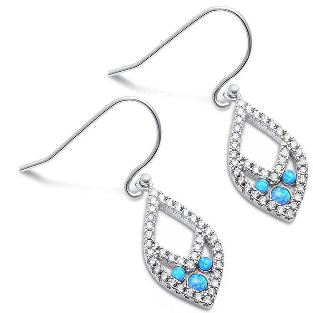 32mm Drop Dangle Marquise Shape Round Created Blue Opal CZ Earrings 925 Sterling Silver Fish Hook - Blue Apple Jewelry