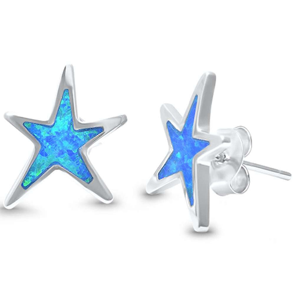 11mm Star Earrings Lab Created Blue Opal 925 Sterling Silver - Blue Apple Jewelry