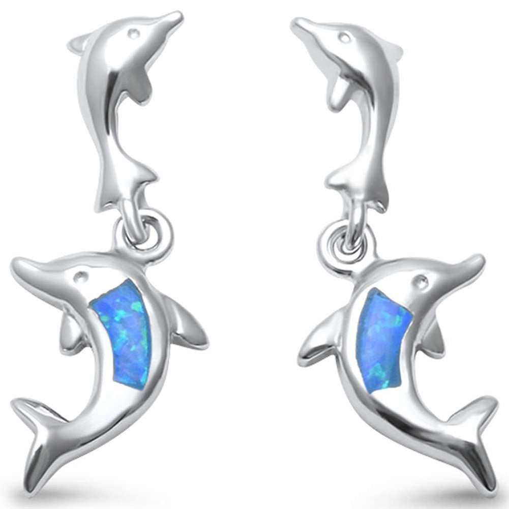 Dangling Dolphin Earrings Lab Created Blue Opal 925 Sterling Silver 8mm - Blue Apple Jewelry