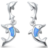 Dangling Dolphin Earrings Lab Created Blue Opal 925 Sterling Silver 8mm