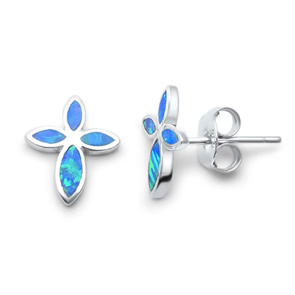 Cross Earrings Cross Shape Stud Earring 925 Sterling Silver Lab Created Blue Opal - Blue Apple Jewelry