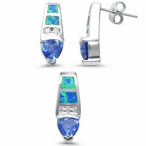 Fashion Jewelry Set Trillion Simulated Tanzanite Round CZ Created Opal 925 Sterling Silver