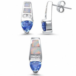 Fashion Jewelry Set Trillion Simulated Tanzanite Round CZ Created Opal 925 Sterling Silver
