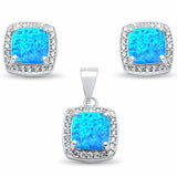Halo Cushion Jewelry Set Created Blue Opal Round Cubic Zirconia 925 Sterling Silver