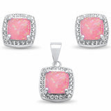 Halo Cushion Jewelry Set Created Pink Opal Round Cubic Zirconia 925 Sterling Silver