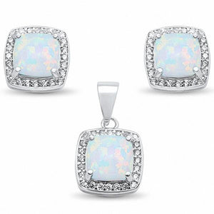 Halo Cushion Jewelry Set Lab Created White Opal Round Cubic Zirconia 925 Sterling Silver