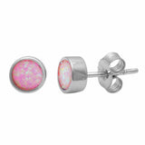 Solitaire Bezel Stud Earrings Round Created Opal 925 Sterling Silver  (7mm)