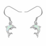 Dangling Dolphin Fish Hook Earrings Lab Created Opal 925 Sterling Silver