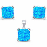 Double Prong Jewelry Set Square Cushion Created Opal 925 Sterling Silver Choose Color