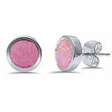 Bezel Stud Earrings Lab Created Pink Opal 925 Sterling Silver (8mm )