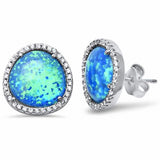 Halo Design Stud Earrings Round Lab Created Opal Cubic Zirconia 925 Sterling Silver