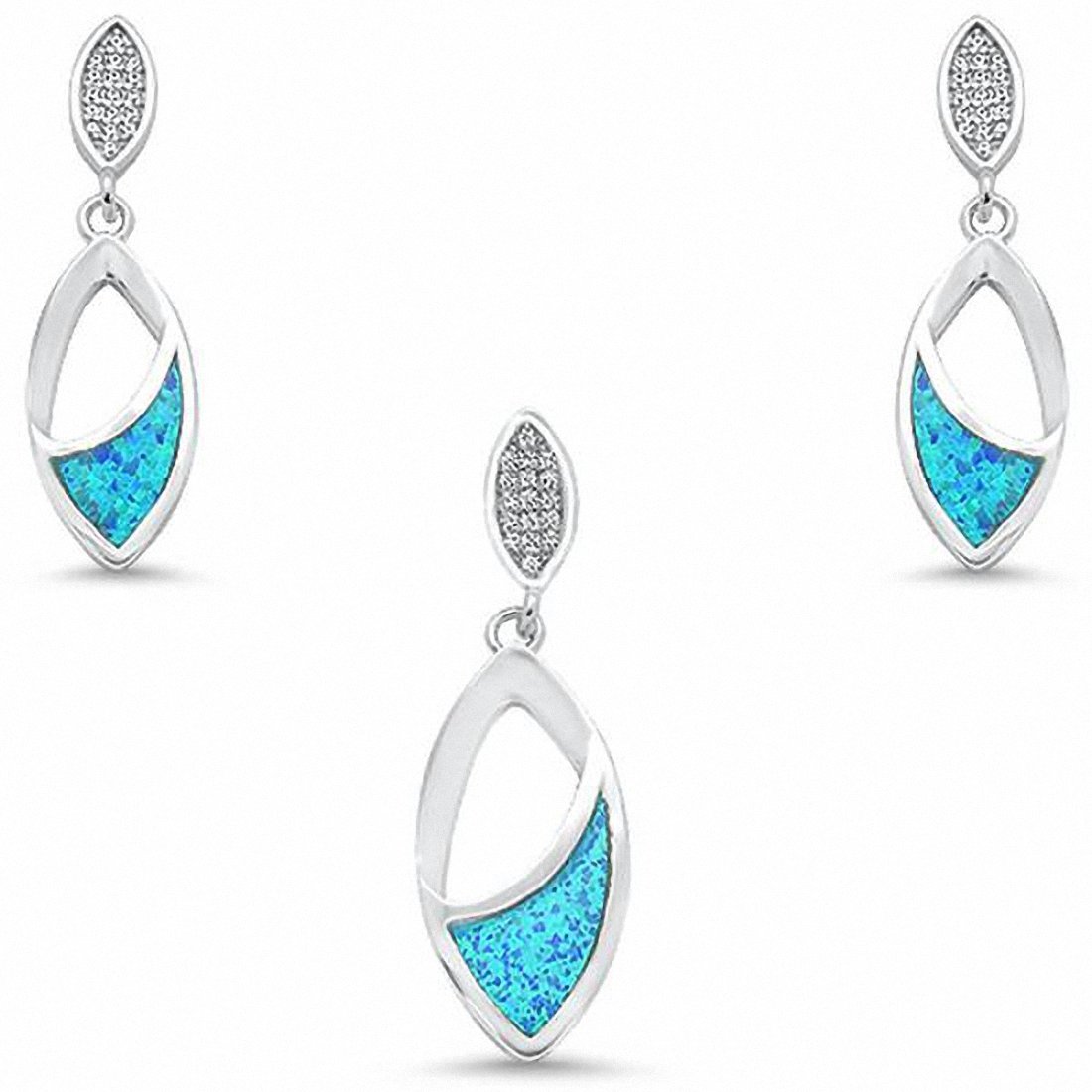 Leaf Marquise Shape Jewelry Set Lab Created Blue Opal 925 Sterling Silver
