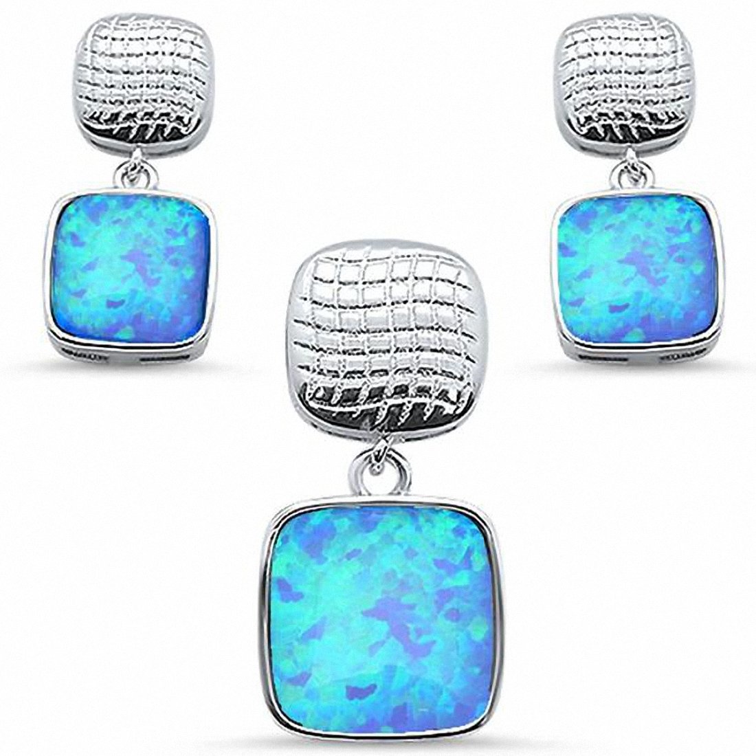 Cushion Jewelry Set Pendant Earring Set Lab Created Opal 925 Sterling Silver
